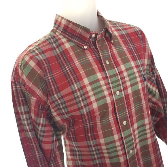Polo Ralph Lauren PONY Mens L Shirt L/S Button Up Red Green Plaid Cotton Blue Lg - Picture 4 of 9